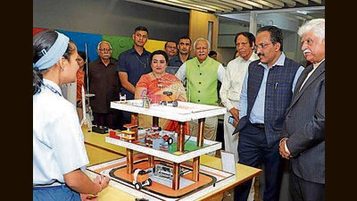 ISRO chairperson Dr S Somanath interacted with students at the 20th anniversary of Sat Paul Mittal School on Tuesday. (Manish/HT)