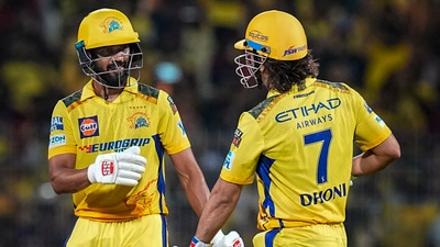 Chennai Super Kings' captain Ruturaj Gaikwad and Mahendra Singh Dhoni after winning the Indian Premier League (IPL) 2024 T20 cricket match over Kolkata Knight Riders, at MA Chidambaram Stadium, in Chennai, Monday (PTI)