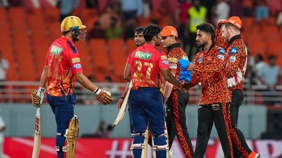 Ashutosh Sharma and Shashank Singh shake hands with SRH players after the match. (PTI) Ashutosh Sharma and Shashank Singh shake hands with SRH players after the match. (PTI)