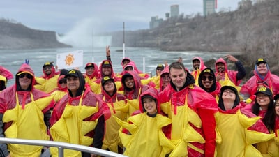 Solar Eclipse 2024: Hundreds assembled on the Canadian side of Niagara Falls, donning red raincoats and large yellow sun costumes, to observe the event. (Source: Yahoo News) Solar Eclipse 2024: Hundreds assembled on the Canadian side of Niagara Falls, donning red raincoats and large yellow sun costumes, to observe the event. (Source: Yahoo News)