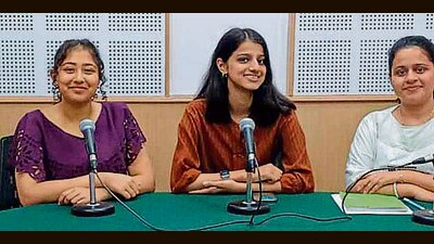 Students of Khalsa College for Women during a radio talk show at PAU on Tuesday. (HT Photo)