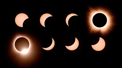 In this composite of eight photographs, the moon passes by the sun into totality and away again during a total solar eclipse in Bloomington, Indiana. (AFP) In this composite of eight photographs, the moon passes by the sun into totality and away again during a total solar eclipse in Bloomington, Indiana. (AFP)