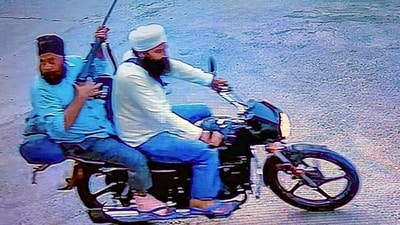 Armed bike-borne assailants who shot dead dera chief of the Nanakmatta Sahib Gurdwara Baba Tarsem Singh in Udham Singh Nagar district on March 28. (PTI) Armed bike-borne assailants who shot dead dera chief of the Nanakmatta Sahib Gurdwara Baba Tarsem Singh in Udham Singh Nagar district on March 28. (PTI)