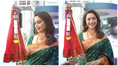 Madhuri Dixit shared a special video on the festival. She wore a bright green saree. Madhuri Dixit shared a special video on the festival. She wore a bright green saree.