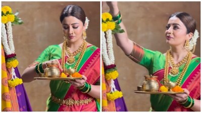 Nehha Pendse was dressed in traditional Marathi attire for Gudi Padwa. She wore heavy golden jewellery and tied her hair with flowers on the occasion. Nehha Pendse was dressed in traditional Marathi attire for Gudi Padwa. She wore heavy golden jewellery and tied her hair with flowers on the occasion. 
