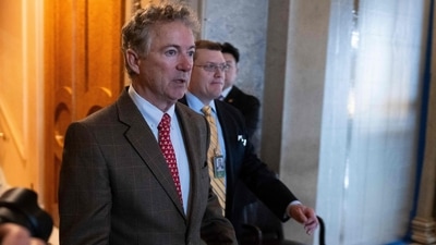 WASHINGTON, DC - FEBRUARY 11: Sen. Rand Paul (R-Ky.) leaves the Senate floor as the Senate is working through the weekend on a $95.3 billion foreign aid bill with assistance for Ukraine and Israel at the US Capitol on February 11, 2024 in Washington, DC. The bill includes $60 billion to support Ukraine in its fight against Russia, $14.1 billion in security assistance for Israel, $9.2 billion in humanitarian assistance and $4.8 billion to support regional partners in the Indo-Pacific region, among other provisions, according to the Senate Appropriations Committee. Roberto Schmidt/Getty Images/AFP (Photo by ROBERTO SCHMIDT / GETTY IMAGES NORTH AMERICA / Getty Images via AFP) (Getty Images via AFP) WASHINGTON, DC - FEBRUARY 11: Sen. Rand Paul (R-Ky.) leaves the Senate floor as the Senate is working through the weekend on a $95.3 billion foreign aid bill with assistance for Ukraine and Israel at the US Capitol on February 11, 2024 in Washington, DC. The bill includes $60 billion to support Ukraine in its fight against Russia, $14.1 billion in security assistance for Israel, $9.2 billion in humanitarian assistance and $4.8 billion to support regional partners in the Indo-Pacific region, among other provisions, according to the Senate Appropriations Committee. Roberto Schmidt/Getty Images/AFP (Photo by ROBERTO SCHMIDT / GETTY IMAGES NORTH AMERICA / Getty Images via AFP) (Getty Images via AFP)