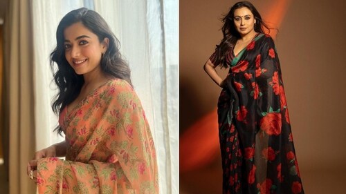 Rashmika Mandanna dazzles in an orange saree adorned with lively floral patterns while Rani Mukherji makes a striking statement in a black and red floral saree with a daring plunging neckline.