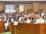 Bihar chief minister Nitish Kumar, deputy chief ministers Samrat Choudhary and Vijay Sinha, RJD MLA Tejashwi Yadav. (File photo by Santosh Kumar/ Hindustan Times)