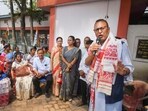 Nagaon: Congress candidate from the Nagaon Lok Sabha constituency Pradyut Bordoloi during his election campaign for the upcoming elections, at Phulaguri, in Nagaon district, Tuesday, April 9, 2024. (PTI Photo) 