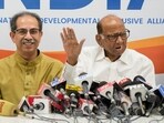 Mumbai: Shiv Sena (UBT) chief Uddhav Thackeray, Maharashtra Congress President Nana Patole and NCP (SP) chief Sharad Pawar during a Maha Vikas Aghadi (MVA) press conference, in Mumbai, Tuesday, April 9, 2024. (PTI Photo/Shashank Parade)(PTI04_09_2024_RPT065B)(PTI)