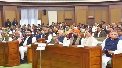 Bihar chief minister Nitish Kumar, deputy chief ministers Samrat Choudhary and Vijay Sinha, RJD MLA Tejashwi Yadav. (File photo by Santosh Kumar/ Hindustan Times)