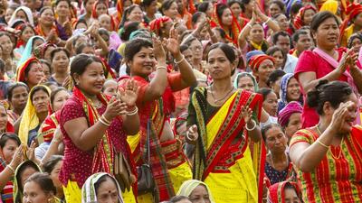 Agartala: People attend an election campaign rally of Tripura chief minister Manik Saha, Tipra Motha Party (TMP) supremo Pradyot Bikram Manikya Deb Barma and BJP candidate from West Tripura constituency Biplab Kumar Deb ahead of Lok Sabha elections, (PTI FILE)