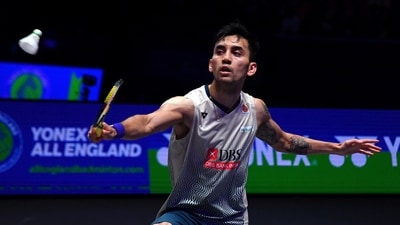 India's Lakshya Sen plays a shot during the men's singles semi final match against Indonesia's Jonatan Christie at the All England Open Badminton Championships (AP) India's Lakshya Sen plays a shot during the men's singles semi final match against Indonesia's Jonatan Christie at the All England Open Badminton Championships (AP)