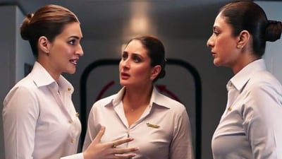 Kriti Sanon, Kareena Kapoor and Tabu in a still from Crew. Kriti Sanon, Kareena Kapoor and Tabu in a still from Crew.