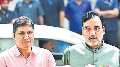 Delhi ministers Saurabh Bharadwaj and Gopal Rai after visiting Kejriwal’s residence on Wednesday. (ANI) Delhi ministers Saurabh Bharadwaj and Gopal Rai after visiting Kejriwal’s residence on Wednesday. (ANI)