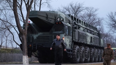North Korean leader Kim Jong Un (C) inspecting the first test-fire of Hwasongpho-16B, a new-type intermediate-range solid-fueled ballistic missile (AFP) North Korean leader Kim Jong Un (C) inspecting the first test-fire of Hwasongpho-16B, a new-type intermediate-range solid-fueled ballistic missile (AFP)