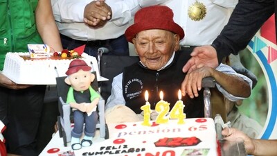 Peruvian Marcelino "Mashico" Abad smiles while celebrating his 124th birthday, as local authorities claim he might be the world's oldest ever person, in Huanuco, Peru April 5, 2024. (via REUTERS)
