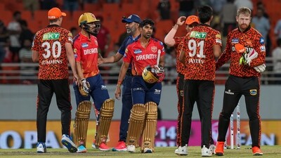 Mullanpur: Sunrisers Hyderabad players celebrate after winning the Indian Premier League (IPL) 2024 T20 cricket match over Punjab Kings, at Maharaja Yadavindra Singh International Cricket Stadium, in Mullanpur, Mohali (PTI) Mullanpur: Sunrisers Hyderabad players celebrate after winning the Indian Premier League (IPL) 2024 T20 cricket match over Punjab Kings, at Maharaja Yadavindra Singh International Cricket Stadium, in Mullanpur, Mohali (PTI)
