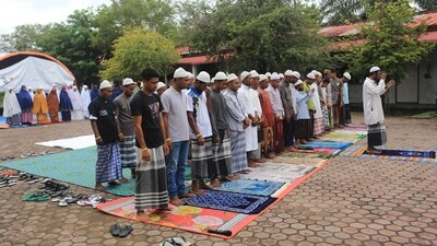 Rohingya Muslim refugees offer mass prayers during Eid-ul-Fitr at a temporary camp that is located behind a local government office in West Aceh, Indonesia. (REUTERS)