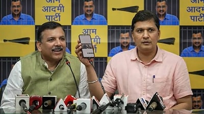 AAP leaders Sanjay Singh and Saurabh Bharadwaj addressed a press conference after Raaj Kumar Anand announced his resignation from the Aam Aadmi Party. (PTI)