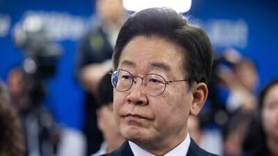 Lee Jae-myung, leader of the Democratic Party, watches election results at his district office in Incheon, South Korea (Bloomberg) Lee Jae-myung, leader of the Democratic Party, watches election results at his district office in Incheon, South Korea (Bloomberg)