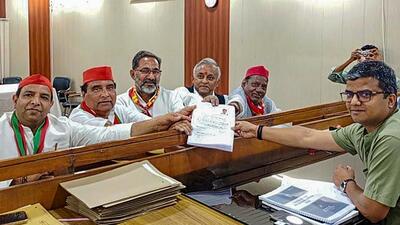 Samajwadi Party candidate Mahendra Singh Nagar filing his nomination for the upcoming Lok Sabha elections in Gautam Buddh Nagar district earlier this month. (PTI FILE PHOTO.)