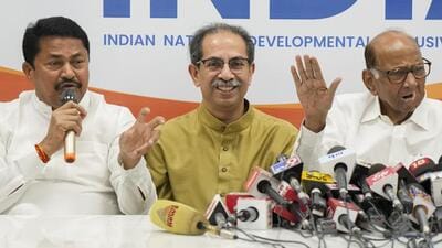 Shiv Sena (UBT) chief Uddhav Thackeray (middle), Maharashtra Congress president Nana Patole (left) and Sharad Pawar in Mumbai on Tuesday. (PTI Photo) Shiv Sena (UBT) chief Uddhav Thackeray (middle), Maharashtra Congress president Nana Patole (left) and Sharad Pawar in Mumbai on Tuesday. (PTI Photo)