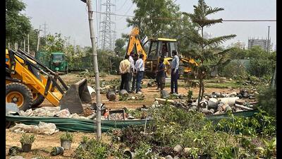 The enforcement team of the authority demolished four illegal plant nurseries along the SPR in Sector 65 and a shop selling building material that was built in violation of rules. (HT PHOTO.)