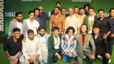 Ajay Devgn with director Amit Sharma and young actors who played football players in the movie. Ajay Devgn with director Amit Sharma and young actors who played football players in the movie.
