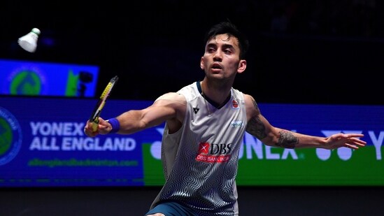 India's Lakshya Sen plays a shot during the men's singles semi final match against Indonesia's Jonatan Christie at the All England Open Badminton Championships (AP)