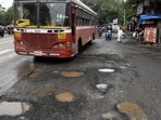 Mumbai, India - August 22, 2018: Potholes at Vakola in Mumbai, India, on Wednesday, August 22, 2018. (Photo by Satyabrata Tripathy/Hindustan Times) (Satyabrata Tripathy/HT Photo)