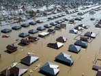 A general view shows a flooded residential area in Orenburg, Russia