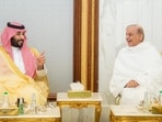 Saudi Crown Prince Mohammed bin Salman meets Pakistan's Prime Minister Shehbaz Sharif and Bahrain's Crown Prince and Prime Minister Sheikh Salman bin Hamad al-Khalifa in his palace on the eve of 29th Ramadan, during the holy month of Ramadan, in the holy city of Mecca, Saudi Arabia, April 7, 2024. Saudi Press Agency/Handout via REUTERS    THIS IMAGE HAS BEEN SUPPLIED BY A THIRD PARTY