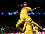 Barcelona's Brazilian forward Raphinha leaps in the air as he celebrates scoring Barcelona's second goal during the UEFA Champions League quarter vs Paris Saint-Germain (PSG) Barcelona's Brazilian forward Raphinha leaps in the air as he celebrates scoring Barcelona's second goal during the UEFA Champions League quarter vs Paris Saint-Germain (PSG)