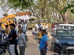 School bus that overturned in Haryana's Mahendergarh on Thursday morning.