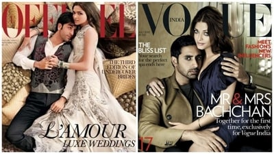 Deepika Padukone and Ranbir Kapoor, Aishwarya Rai and Abhishek Bachchan on old magazine covers. (Photo credit: L'Officiel and Vogue India/Reddit) Deepika Padukone and Ranbir Kapoor, Aishwarya Rai and Abhishek Bachchan on old magazine covers. (Photo credit: L'Officiel and Vogue India/Reddit)