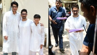 Actor Aamir Khan posed for the paparazzi along with his sons Junaid Khan and Azad Rao Khan as they celebrated Eid. He also distributed sweets and greeted the paparazzi stationed at the venue. Aamir also posed for a picture with a fan. Aamir, Junaid and Azad wore white traditional outfits for the festival. Several videos and pictures of the trio emerged on social media platforms. Actor Aamir Khan posed for the paparazzi along with his sons Junaid Khan and Azad Rao Khan as they celebrated Eid. He also distributed sweets and greeted the paparazzi stationed at the venue. Aamir also posed for a picture with a fan. Aamir, Junaid and Azad wore white traditional outfits for the festival. Several videos and pictures of the trio emerged on social media platforms.
