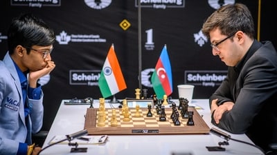 Praggnanandhaa (L) during the Candidates tournament against Nijat Abasov