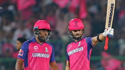 Rajasthan Royals' Riyan Parag celebrates his half-century as captain Sanju Samson looks on. (ANI) Rajasthan Royals' Riyan Parag celebrates his half-century as captain Sanju Samson looks on. (ANI)