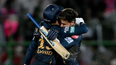 Gujarat Titans' Rashid Khan (L) and Noor Ahmad celebrate after their win against Rajasthan Royals at the Indian Premier League (IPL) Twenty20 cricket match in the Sawai Mansingh Stadium of Jaipur (AFP) Gujarat Titans' Rashid Khan (L) and Noor Ahmad celebrate after their win against Rajasthan Royals at the Indian Premier League (IPL) Twenty20 cricket match in the Sawai Mansingh Stadium of Jaipur (AFP)