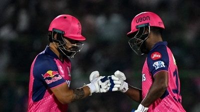 Rajasthan Royals' captain Sanju Samson (R) is congratulated by Riyan Parag after scoring a half-century. (AFP) Rajasthan Royals' captain Sanju Samson (R) is congratulated by Riyan Parag after scoring a half-century. (AFP)
