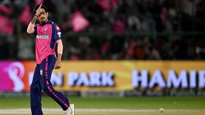 Rajasthan Royals' Yuzvendra Chahal celebrates after taking the wicket of Gujarat Titans' captain Shubman Gill. (AFP) Rajasthan Royals' Yuzvendra Chahal celebrates after taking the wicket of Gujarat Titans' captain Shubman Gill. (AFP)