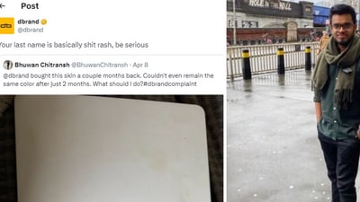 Dbrand faced backlash for its response to an Indian techie who complained about a MacBook skin he bought from the brand, (X/dbrand, @BhuwanChitransh) Dbrand faced backlash for its response to an Indian techie who complained about a MacBook skin he bought from the brand, (X/dbrand, @BhuwanChitransh)