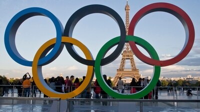 The Olympic rings are set up at Trocadero plaza that overlooks the Eiffel Tower, a day after the official announcement that the 2024 Summer Olympic Games will be in the French capital, in Paris. (AP)
