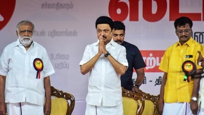 Tamil Nadu chief minister MK Stalin greets the gathering during a election campaign rally in support of CPI(M) candidate from Dindigul constituency, R Sachithanantham and DMK candidate from Theni constituency, Thanga Tamil Selvan. (PTI) Tamil Nadu chief minister MK Stalin greets the gathering during a election campaign rally in support of CPI(M) candidate from Dindigul constituency, R Sachithanantham and DMK candidate from Theni constituency, Thanga Tamil Selvan. (PTI)