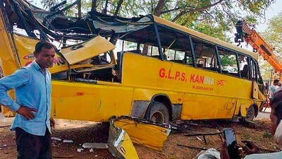 Haryana bus accident: Locals near a damaged school bus after an accident near Mahendragarh, in Narnaul district. (PTI) Haryana bus accident: Locals near a damaged school bus after an accident near Mahendragarh, in Narnaul district. (PTI)
