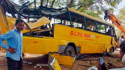 Six students were killed, and over 20 were injured after a private school bus they were travelling in overturned in Kanina town of Haryana's Mahendragarh district on Thursday, officials said. (PTI) Six students were killed, and over 20 were injured after a private school bus they were travelling in overturned in Kanina town of Haryana's Mahendragarh district on Thursday, officials said. (PTI)