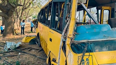 Wreckage of a school bus after an accident near Mahendragarh, in Narnaul district, Haryana. (PTI) Wreckage of a school bus after an accident near Mahendragarh, in Narnaul district, Haryana. (PTI)