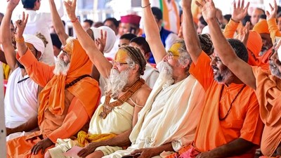 Priests attend PM Narendra Modi's public meeting in Rishikesh. (PTI) Priests attend PM Narendra Modi's public meeting in Rishikesh. (PTI)