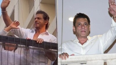 Shah Rukh Khan and Salman Khan greeted fans outside their homes. Shah Rukh Khan and Salman Khan greeted fans outside their homes.